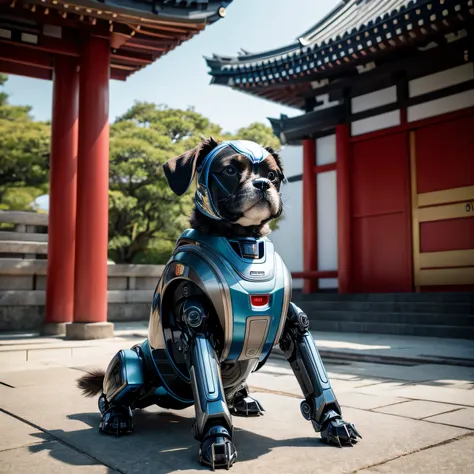 Futuristic robot dog appears at Japanese temple、professional portrait photography、The whole body of the robot、Careful design and detail、surface details、Dramatic lighting、Realistic、Super realistic、Cinematic、8k 