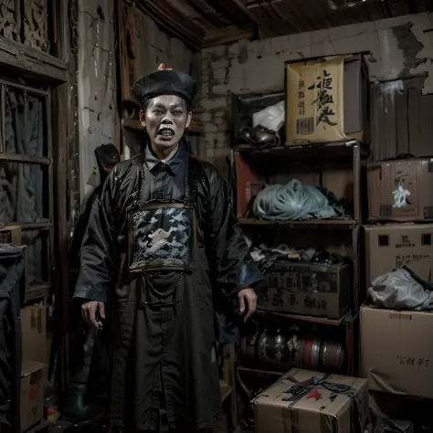 1950's asia's movie prop room is filled clothes and boxes, including a old terrifying qing dynasty zombie (faded and dusty) he o...