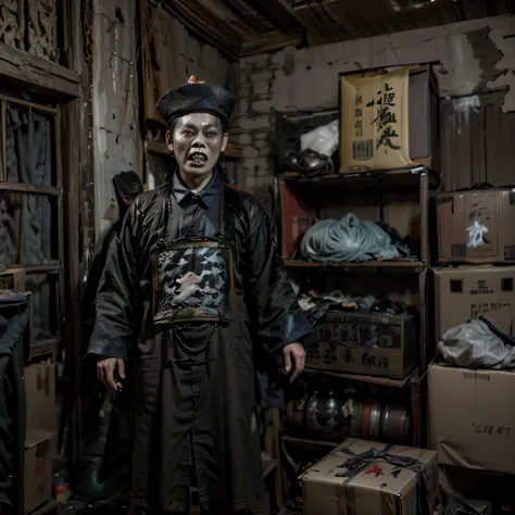 1950s Asias movie prop room is filled clothes and boxes, including a old terrifying Qing Dynasty zombie (faded and dusty) he open big mouth and have a angry face , zombie like a great grandfather wears 僵尸_hat, dark environment depicts warehouse, Real photo...