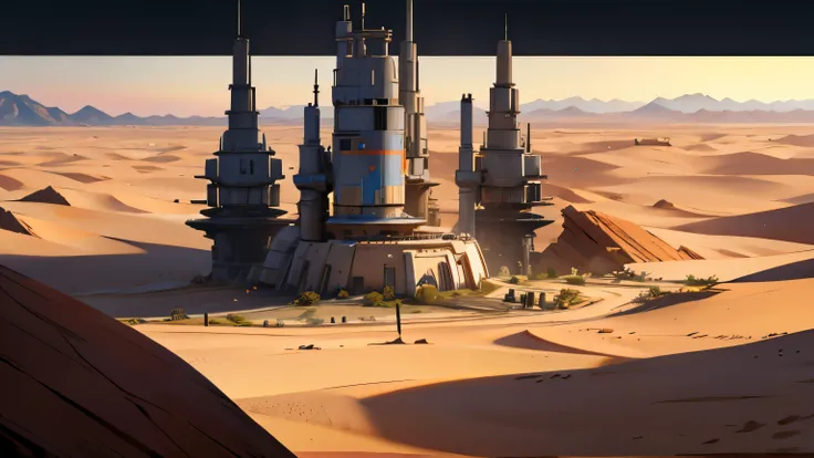 a desert with a lot of future building , star wars style