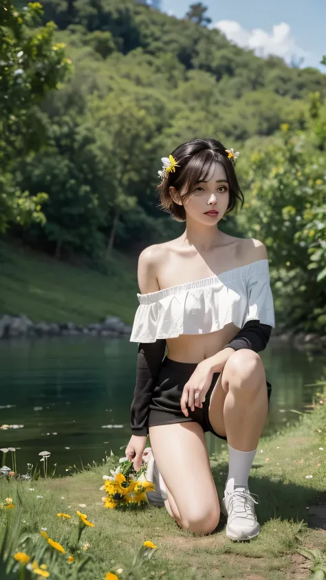 Little Lolita picking flowers on the hillside，short hair，Big watery eyes，Long eyelashes，Red one-shoulder top，Towering plump breasts，small shorts，Off-shoulder，Navel，black stockings，sports shoes,Best quality,Ultra-high resolution,Ultra Detailed,8K resolution...