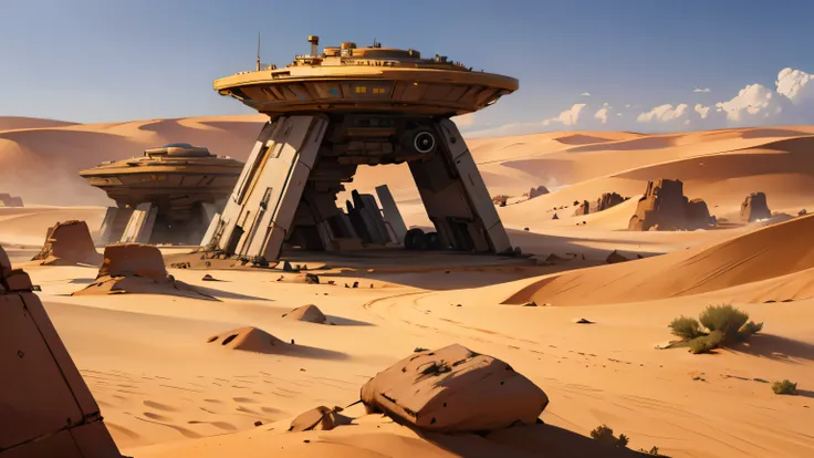 a desert with a lot of future building , star wars style