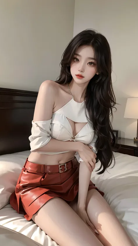 1girl，short skirt，Two piece fashionable outfit,, ((Yushuxin,1 girl,solitary)), warm color, atmosphere, 4K, masterpiece, high resolution, ridiculous, Bare shoulders, Sexy long legs, on the bed, Strike a pose, brown wavy hair, lust, Eye, Shy, Tempting, Sexy ...