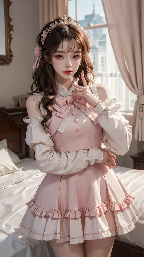 cyb dress, long sleeves, puffy long sleeves, bow,pink dress, ((yushuxin,1 girl,solitary)), warm color, atmosphere, 4k, masterpie...