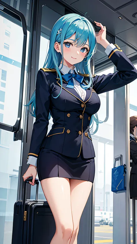 Create an 8k, ultra-high-definition anime illustration of a singularly beautiful young cabin attendant. Her uniform is a stylish ensemble of crisp blue and white, accented with elegant gold trim and an emblem that reflects her role in a prestigious airline...