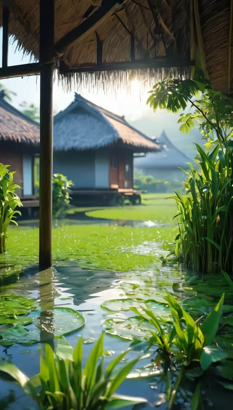 there was a man walking through a peaceful rice field.、the scene is set against a backdrop of quaint huts and vast rice fields.。...