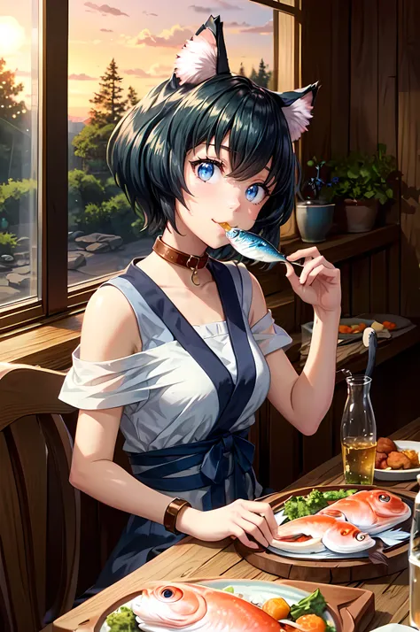 (masterpiece), (high_quality:1.3), Miria, cat ears, cat_girl, ((blue)) ((cat tail)), collar, (:3), (happy), sitting, (holding_food), (((eating))) (((fish))), indoors, wooden_house, dining room, looking_at_viewer, morning, sunrise, forest, anime