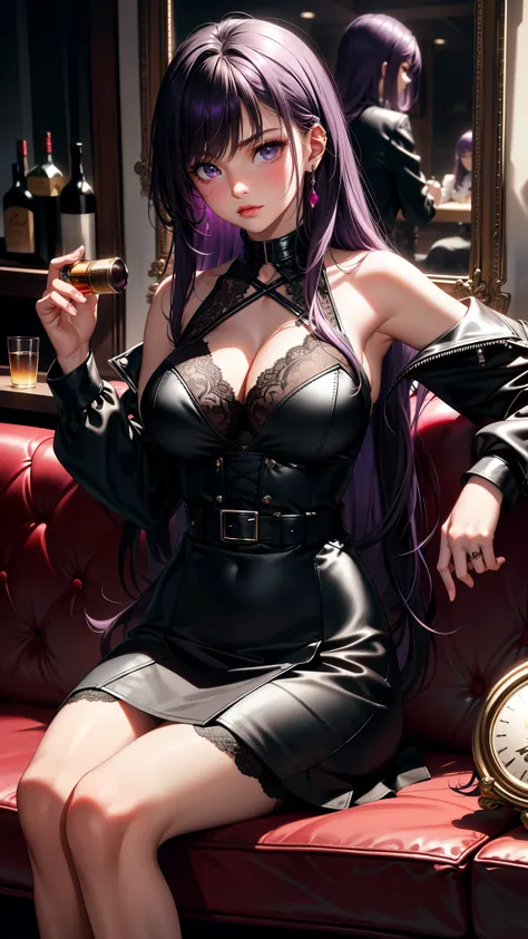 (best quality:1.1), (Masterpiece:1.2), high quality light, beautiful details, Beautiful face, detailed eyes, depth of field, high resolution, best shadow, best light, 1 girl, see the audience, shiny purple hair, smooth, blunt, long hair, Wavy Hair, ruby pi...