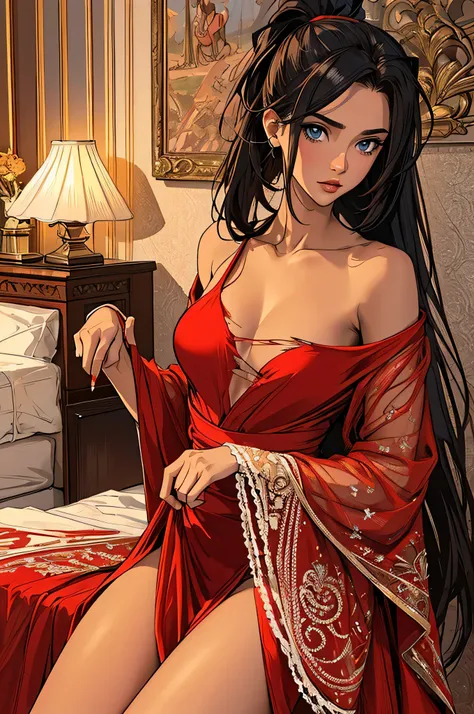 (masterpiece, top quality, best quality, official art, beautiful and aesthetic:1.2), young (1girl:1.3), (wearing torn red dress:1.3), (hair between eyes:1.3) hair, long black ponytail, (colorful blue eyes, tan skin:), extremely detailed, colorful, (highly ...