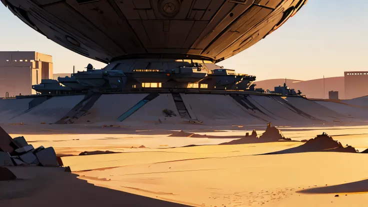 A very wide desert with a lot of future building , Star wars style