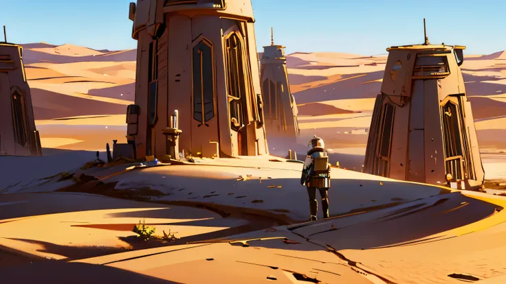 a desert with a lot of future building , star wars style