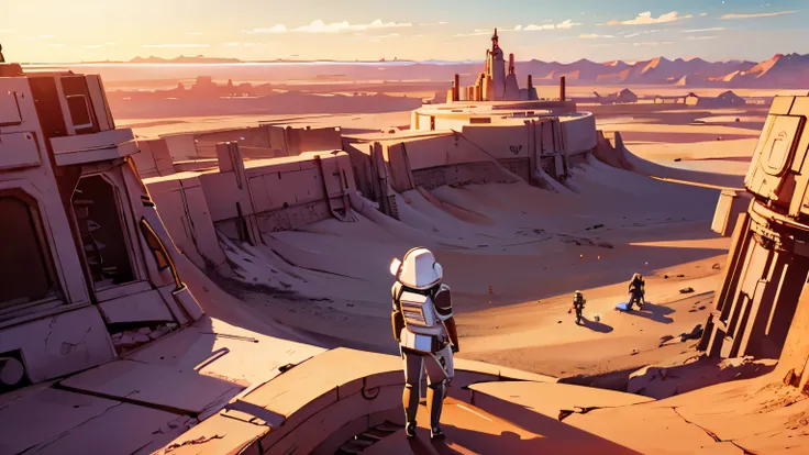 a desert with a lot of future building , star wars style