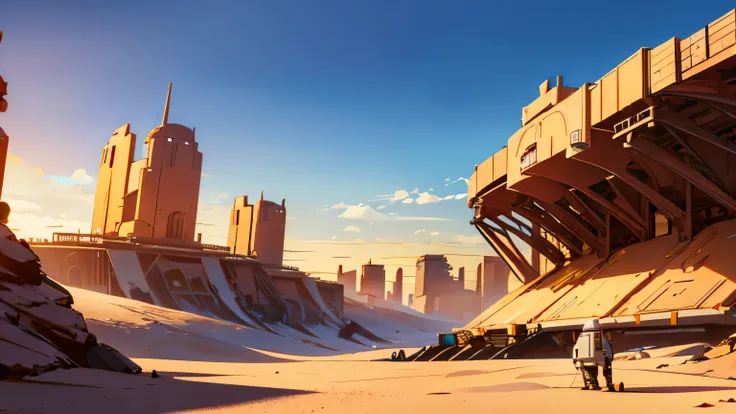 a extra wide desert with a lot of future city , outdoor , starwars style , no people