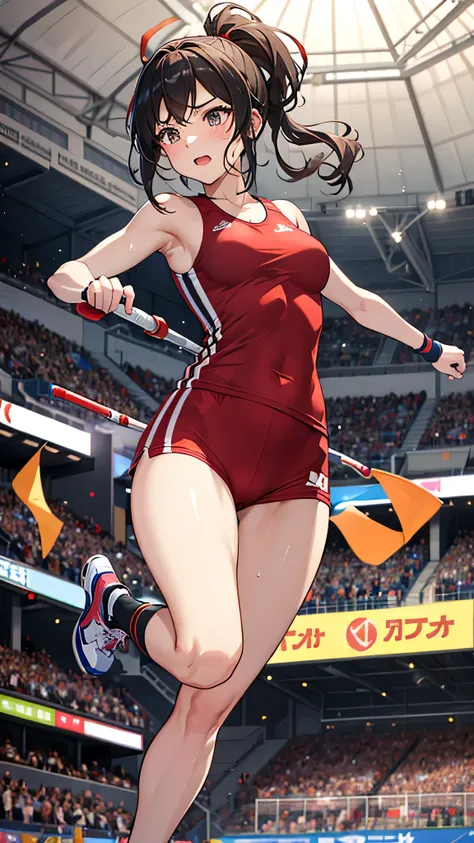 Craft an 8k anime-style illustration that is a visual masterpiece, capturing the dynamic essence of a female track athlete at a sports festival. Dressed in a special tracksuit designed for the occasion, it features the vibrant red of her schools symbol, st...