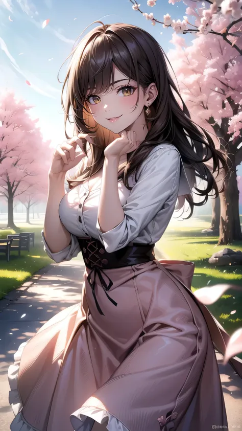 a park where cherry blossoms dance,high school girl,(random pose),(random hairstyle),(highest image quality,(8k), ultra-realisti...