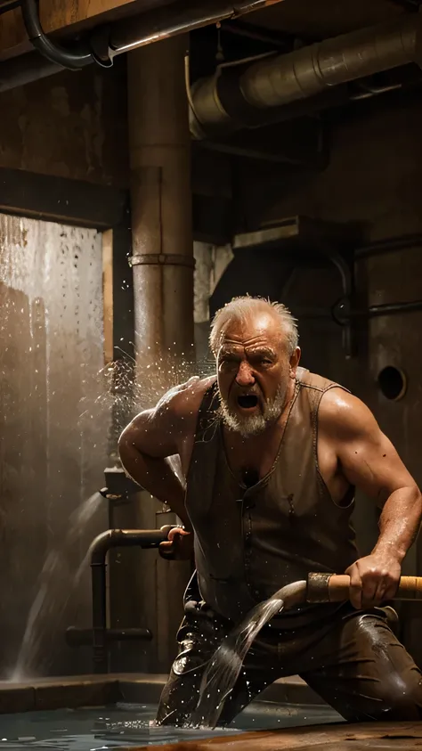 (high quality, Photo Realism) basement, hundreds of different rusty pipes, water gushes from pipes, hot steam is coming, Lots of water, in the foreground is an old grandfather with a crazy face, mouth wide open, turns the water tap with a huge sledgehammer...