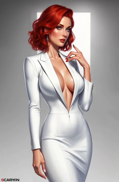 high quality,resolution:8k,realistic,Carolyn Dunn,red hair,bobcut,beautiful detailed eyes,beautiful detailed lips,white suit,pencil skirt,high heels,vivid colors,portraits,studio lighting
