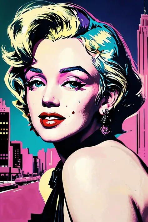 beautiful colorful Marilyn Monroe portrait with New York background, Andy warhol style