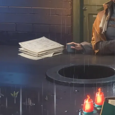 A man sitting at a table，Candle in hand，Holding a book in his hand, Random background scene, Sewer background, Game screenshot, screenshot, Magic laboratory background, Game screenshot, Detailed scenario, rain. Super detailed, hyper Detailed scenario, rain...