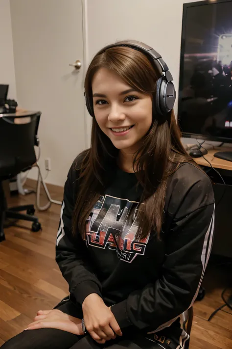 (portrait photo) of (vctj woman:1.0), sitting by the gaming table , and wearinggaming headphones, looking at camera, smiling       