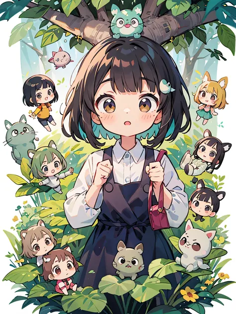 My Neighbor Totoro Style, Kawaii Design, (((10 people)))、most beautiful girl ever、Chibi, Colorful bob hair、((Lots of friends))、Totoro Forest