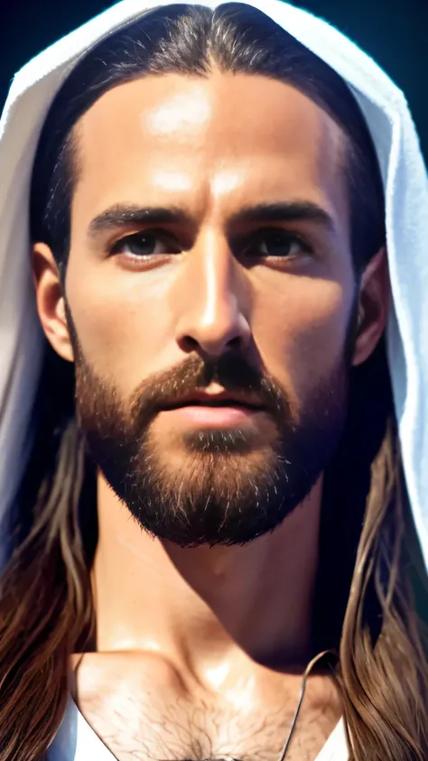 (symmetry),Center,A ((close)) up portrAit,(Jesus),A very thin white mAn with long hAir And A beArd,weAring A long white robe,35 mm,nAturAl skin,clothes  detAil, 8K texture, 8k, insAne detAils, intricAte detAils, hyperdetAiledhighly detAiled,reAlistic,soft ...