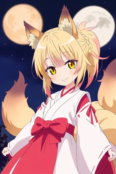 una chica kizuna muy kawaii con piel color crema, yellow hair color and wearing a keikogi with fox ears and multiple tails with ...