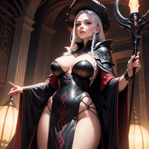 Masterpiece, high quality, many details,
 dark sorceress, perspective from below, black and red leather robe, sexy, dark world, incantation, big breasts, white hair long braid, staff in right hand, looking at the viewer