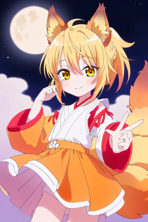 una chica kizuna muy kawaii con piel color crema, yellow hair color and wearing an orange fighting dogi with fox ears and multip...