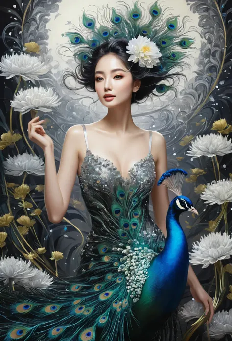 up-and-coming painting-style artwork, best quality, super fine, 16k, incredibly absurdres, extremely detailed, delicate, flashy and dynamic depiction, iridescent, beautiful woman, bewitching lady reminiscent of peacock, excited look, dandelions and Epiphyl...