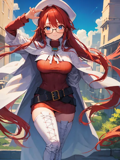 summonnightaty, aty, long hair, blue eyes, red hair, beret, hat, glasses,
BREAK long hair, thighhighs, hat, dress, boots, glasses, belt, cape, sweater, zettai ryouiki, beret, thigh boots, white footwear, ribbed sweater, loose belt,solo,
BREAK outdoors, fan...