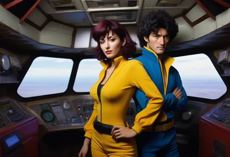 If the heroes of the anime Cowboy Bebop - Spike Spiegel and Faye Valentine were real people and were born and raised in Mexico, in the cabin of a spaceship, fiction, photography, cinematic, full body, full pose