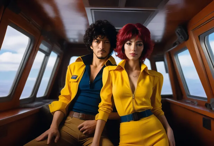 If the heroes of the anime Cowboy Bebop - Spike Spiegel and Faye Valentine were real people and were born and raised in Mexico, in the cabin of a spaceship, fiction, photography, cinematic, full body, full pose