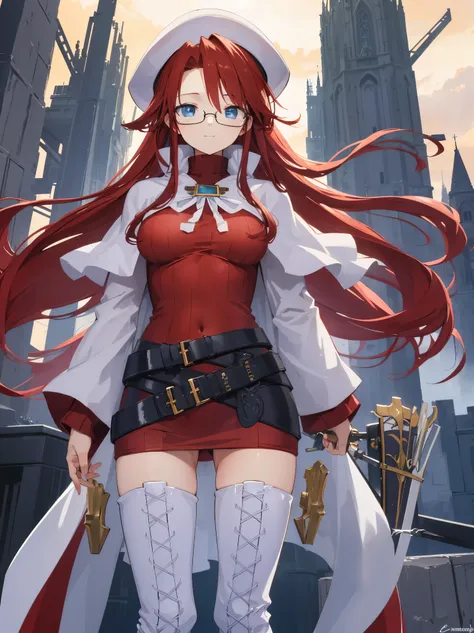 summonnightaty, aty, long hair, blue eyes, red hair, beret, hat, glasses,
BREAK long hair, thighhighs, hat, dress, boots, glasses, belt, cape, sweater, zettai ryouiki, beret, thigh boots, white footwear, ribbed sweater, loose belt,solo,
BREAK outdoors, fan...