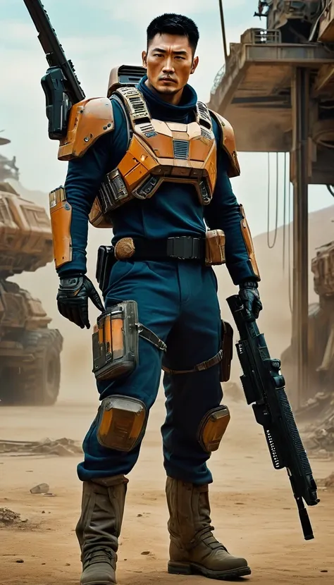 (Character Design), Science Fiction "District 9", (Full Body), Science Fiction "District 9" protagonist interstellar cowboy Qin Yu carrying a modern technology gun firing, his skin is a healthy bronze color, muscle lines are clearly defined, his eyes are d...