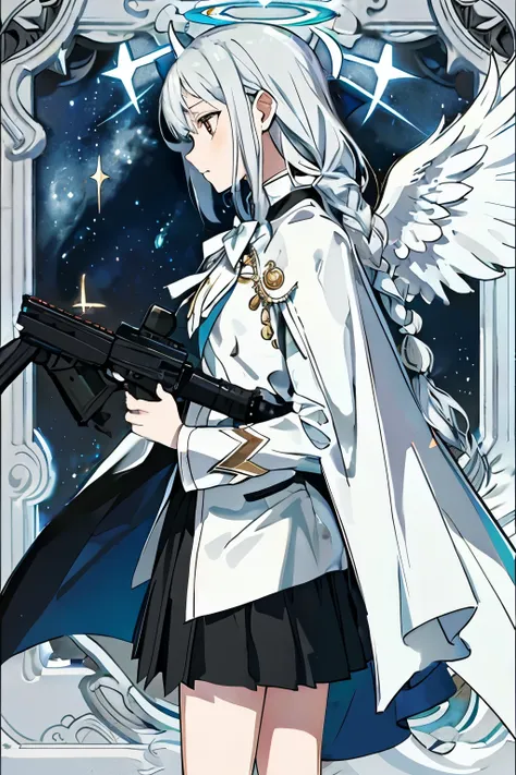 (masterpiece, highest quality:1.2), Cowboy Shot, alone, profile, empire,Mimore length skirt, long silver hair,Halo,Cape,,braided,White wings on the back,Ribbon on chest,Starry Sky,