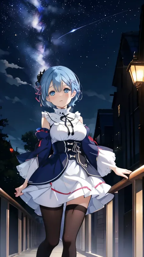 Rem from Re:Zero、light blue hair、shortcut, To tell, casual clothes, gray check dress、Cast a spell on the stars in the middle of the city at midnight, panorama, landscape、black pantyhose、vibrator in thighhighs、Very large breasts、Beautiful eyes、blush、Embarra...