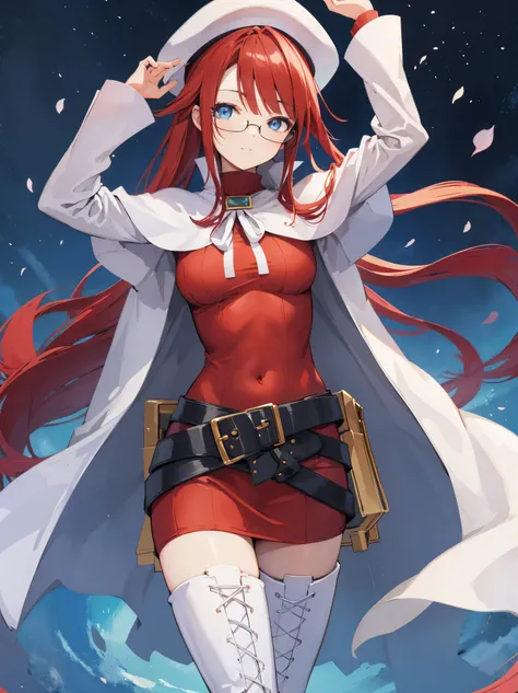 summonnightaty, aty, long hair, blue eyes, red hair, beret, hat, glasses,
BREAK long hair, thighhighs, hat, dress, boots, glasses, belt, cape, sweater, zettai ryouiki, beret, thigh boots, white footwear, ribbed sweater, loose belt,solo,
BREAK outdoors, fan...