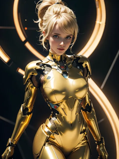 Rachel Brosnahan,blonde hair,Bangs,Ponytail,She is wearing a gold cloth dress., realistic skin, incredible light, ultra realistic,complicated, Sharp focus, Ray Tracing, rtx, Professional color grading, Professional photography, Masterpiece, very detailed, ...