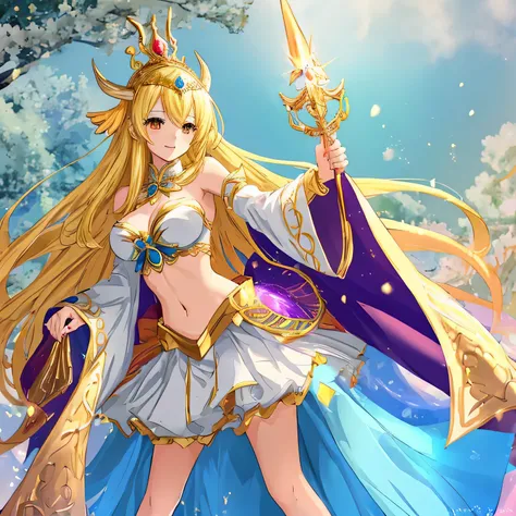 Chica anime hermosa con grandes pechos,vestida como una hechicera en un mundo fantastico