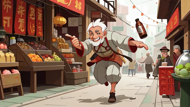 A kind old man（male），Wear traditional Chinese clothing，Bottle in hand，Running in the market，Smiling，