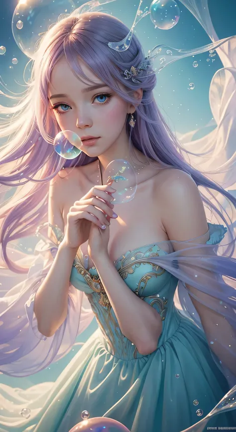 a painting of a woman in a dress blowing bubbles, loish and wlop, ethereal bubbles, moebius + loish + wlop, dreamy and detailed, intricate wlop, closeup fantasy with water magic, fairytale artwork, fairytale painting, in style of anna dittmann, wlop art, r...