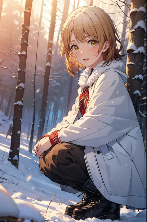 irohaisshiki, iroha isshiki, short hair, brown hair, (Brown eyes:1.5), smile,
Open your mouth,snow, fire, Outdoor, boots, snowing, From the side, wood, suitcase, Cape, Blurred, Food up, forest, White handbags, nature,  Squat, Mouth closed, フードed Cape, wint...