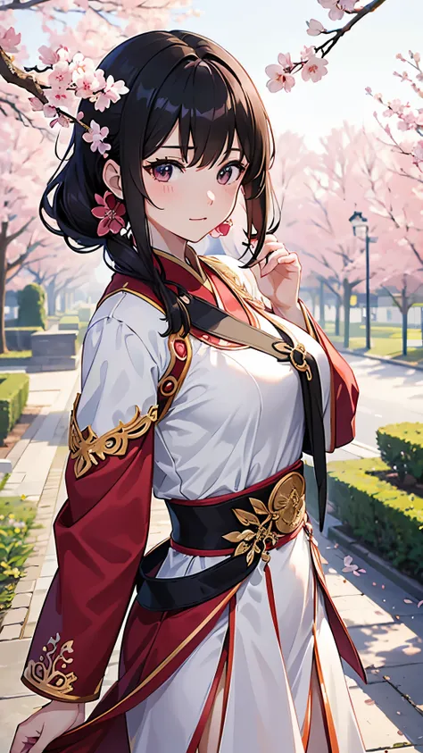 Create an 8K anime-style masterpiece, A portrait of pure elegance and vibrancy, High school girls wearing long Chinese dresses. The illustration shows her wearing a Chinese dress.。、 The setting is a vibrant spring scene beneath the cherry blossom trees at ...