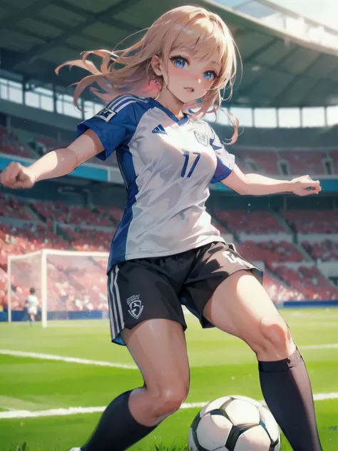 high quality,HD,16k,sharp lines,1 girl,Female soccer athlete ,cute face, large breasts, nice legs,At the soccer venue,focus girl,detailed beautiful face,detailed clothes,beautiful eyes,cool,dynamic angle