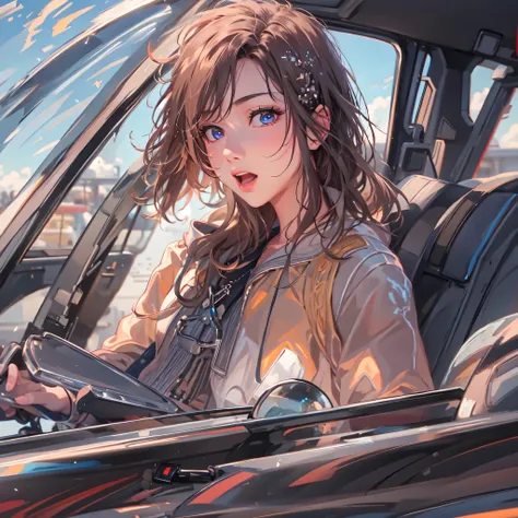 ((highest quality)), ((masterpiece)), (Get used to it), Perfect Face , beautiful girl , Riding in the passenger seat of a car , summer ,