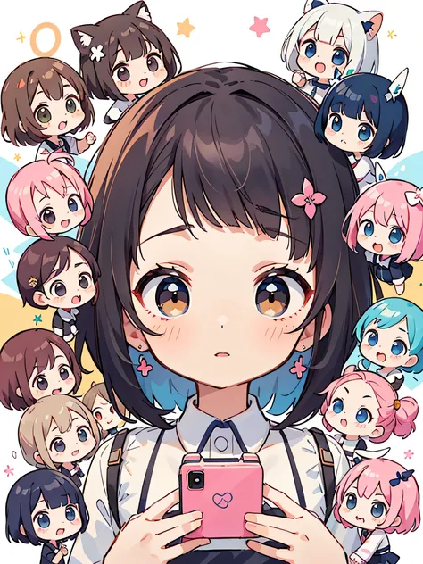 Momoko Sakura style, Kawaii Design, (((10 people)))、most beautiful girl ever、Chibi, Colorful bob hair、((Lots of friends))、Smartphone games for everyone