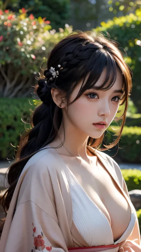 1 girl, dull bangs, Braid, wide sleeve, hair ornaments, kimono, red obi, (black hair:1.2), very long hair, straight hair, looking at the viewer, highly detailed background, (photo-realistic:1.2), fine eyes, red eyeshadow, Depth of the bounds written，thigh,...