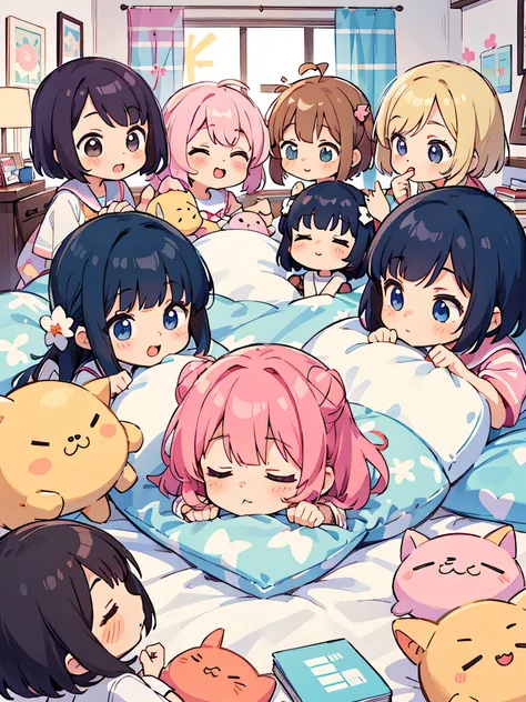 Momoko Sakura style, Kawaii Design, (((10 people)))、most beautiful girl ever、Chibi, Colorful bob hair、((Lots of friends))、Taking a nap together、cute girl&#39;s room