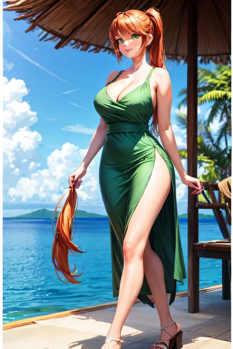 ginger hair, pony tail, green eyes, cleavage, sun dress, very tall, very long legs, island resort walking